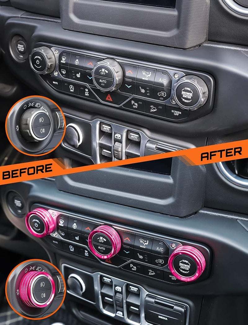 Savadicar HVAC Climate Control Panel Knob Trim Kit & Light Control Switch Cover, Air Conditioner Knob Aluminum Alloy Ring for 2018-2024 Jeep Wrangler JL JLU & Gladiator JT, Interior Accessories, Pink - Image 5