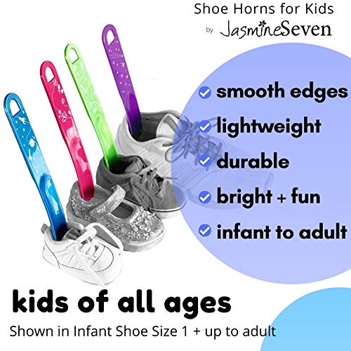 JasmineSeven Shoe Horns for Kids | Family Pack of 4: Blue, Green, Pink, Purple | by Jasmine Seven | Colorful smooth lightweight plastic for all ages - Image 3