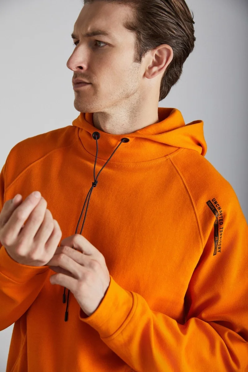 GRIMELANGE Malagos Men's Polar Fleece Soft 3 Yarn Lined Regular Hooded Orange Sweatshirt