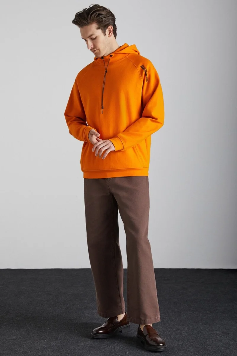 GRIMELANGE Malagos Men's Polar Fleece Soft 3 Yarn Lined Regular Hooded Orange Sweatshirt