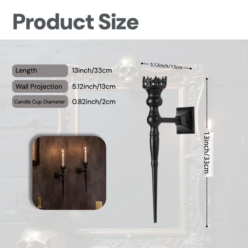 Woparty Gothic Wall Sconce Candle Holder for Taper Candles (Set of 2) Black Iron Crown and Scepter Design Victorian Wall Decor for Living Room, Bathroom,Dining Room - Image 2