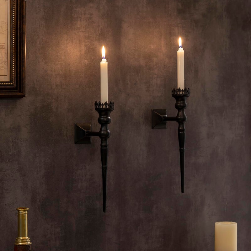 Woparty Gothic Wall Sconce Candle Holder for Taper Candles (Set of 2) Black Iron Crown and Scepter Design Victorian Wall Decor for Living Room, Bathroom,Dining Room - Image 1