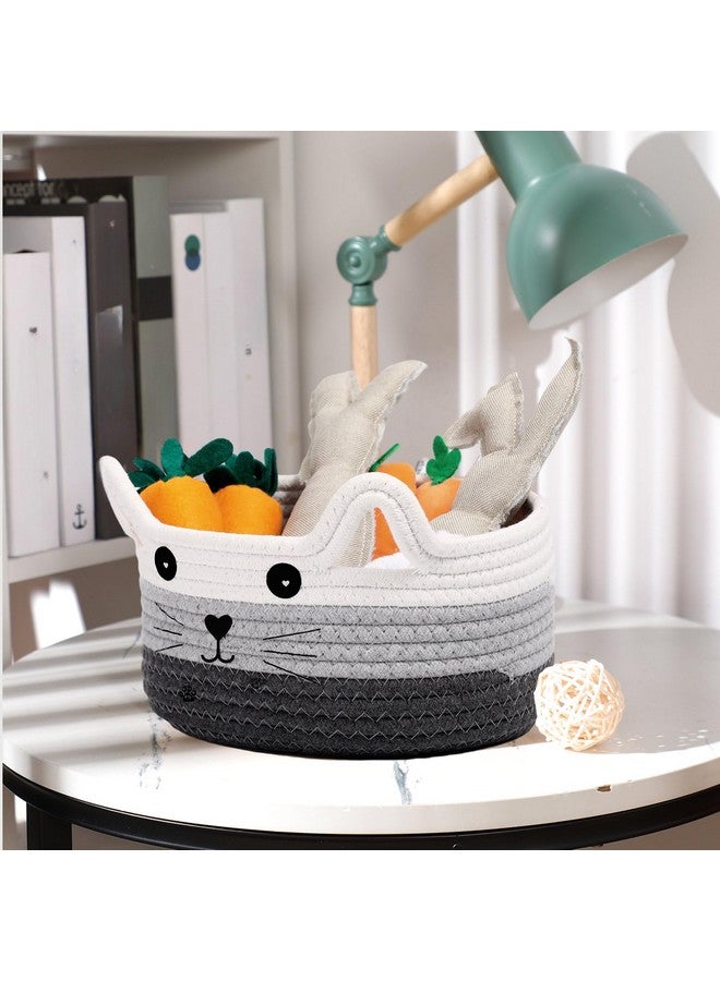 Zopeal Cat Basket Storage Woven Organizer with Ears Decorative Pet Toy Cute Cotton Rope Basket for Gift Cat Dog Toy Bin Nursery Room(8.3 x 4.7 Inch,White, Light Gray and Gray) - Image 5