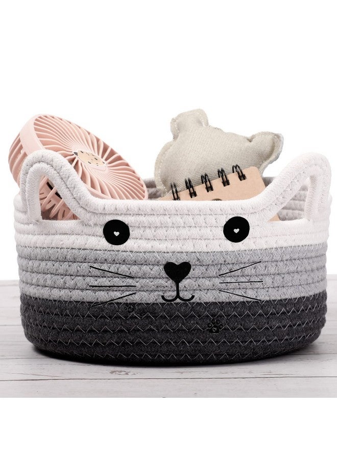 Zopeal Cat Basket Storage Woven Organizer with Ears Decorative Pet Toy Cute Cotton Rope Basket for Gift Cat Dog Toy Bin Nursery Room(8.3 x 4.7 Inch,White, Light Gray and Gray) - Image 1
