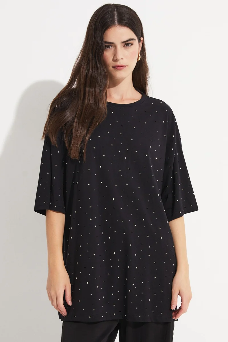 جون Women's Crew Neck Stone Detailed Oversize Cotton T-Shirt