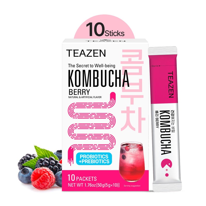 TEAZEN Berry Kombucha Tea, Hydration Drink Mix, Sugar Free, Live Probiotics & Prebiotics, 10 Sticks, 1.76oz - Image 1