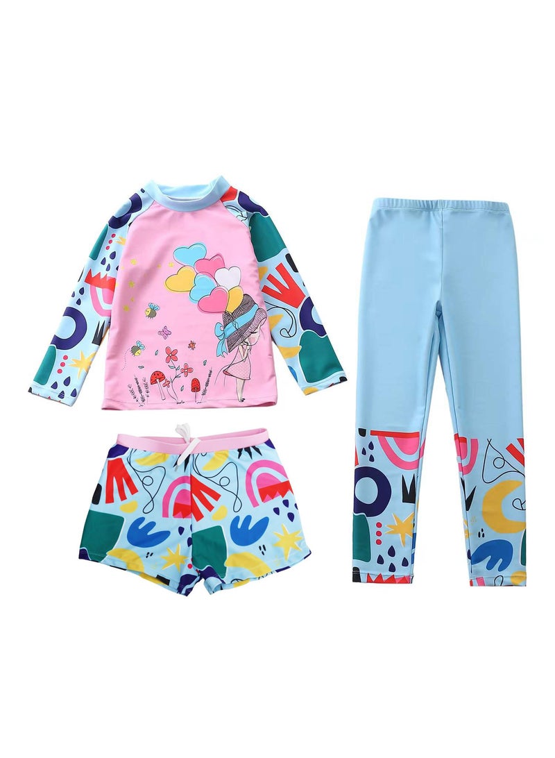 3-Piece Children's Swimwear For Girls Long Sleeve Swimsuit Set Summer Beachwear Set Print Flower Sunsuit 50+UV Sun Protection Swimming Cosutme - Image 1