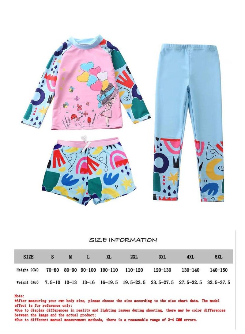 3-Piece Children's Swimwear For Girls Long Sleeve Swimsuit Set Summer Beachwear Set Print Flower Sunsuit 50+UV Sun Protection Swimming Cosutme - Image 3