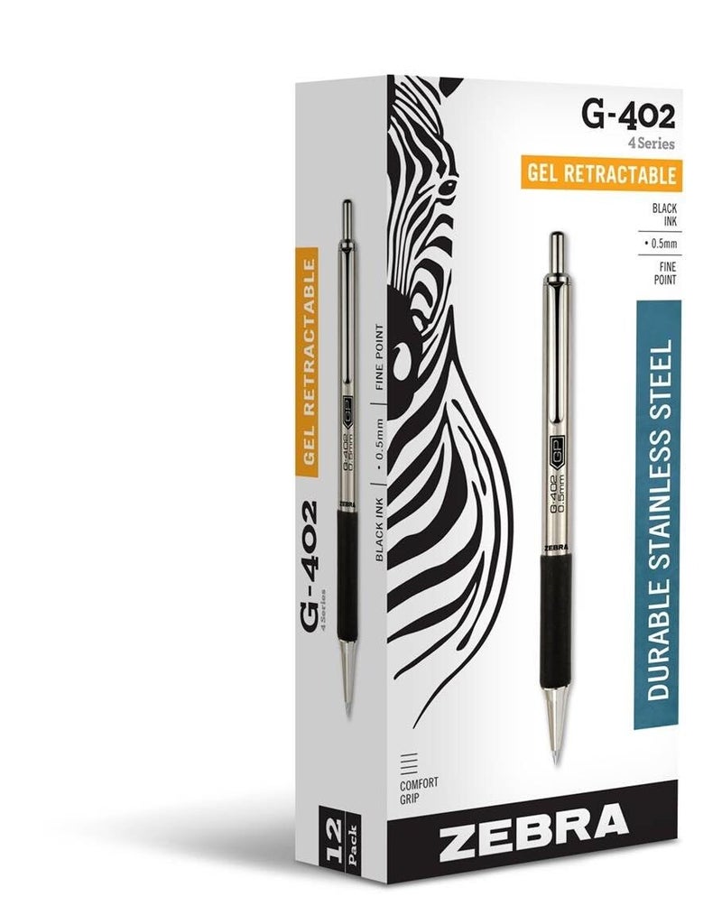 Zebra Pen G-402 Gel Pens 12-Pack, Black Ink, 0.5mm Fine Point, Stainless Steel Barrel, Comfortable Rubberized Grip, Secure Metal Clip, Shirt Pocket-Friendly (49210) - Image 1