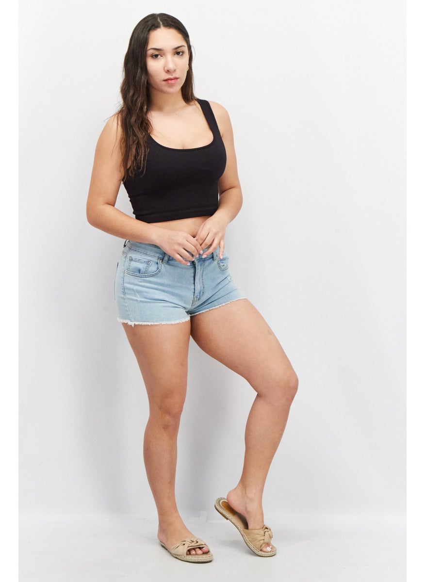 Don't Call Me Jennyfer - Women Textured Denim Shorts, Blue - Image 1