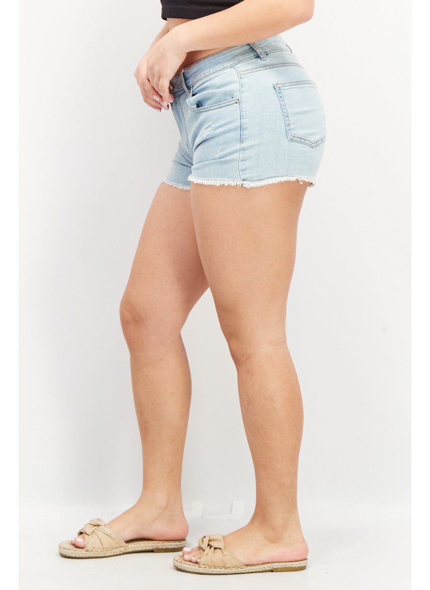 Don't Call Me Jennyfer - Women Textured Denim Shorts, Blue - Image 1