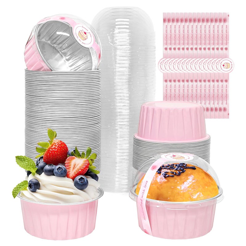 EXJEXJ 100 Pack 5oz Cupcake Pans with Dome Lids Disposable Ramekin Cupcake LinersReusable Mini Muffin Case Dessert Containers for Birthday Wedding Party Pink - Image 2
