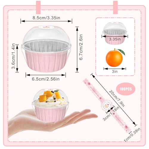 EXJEXJ 100 Pack 5oz Cupcake Pans with Dome Lids Disposable Ramekin Cupcake LinersReusable Mini Muffin Case Dessert Containers for Birthday Wedding Party Pink - Image 3