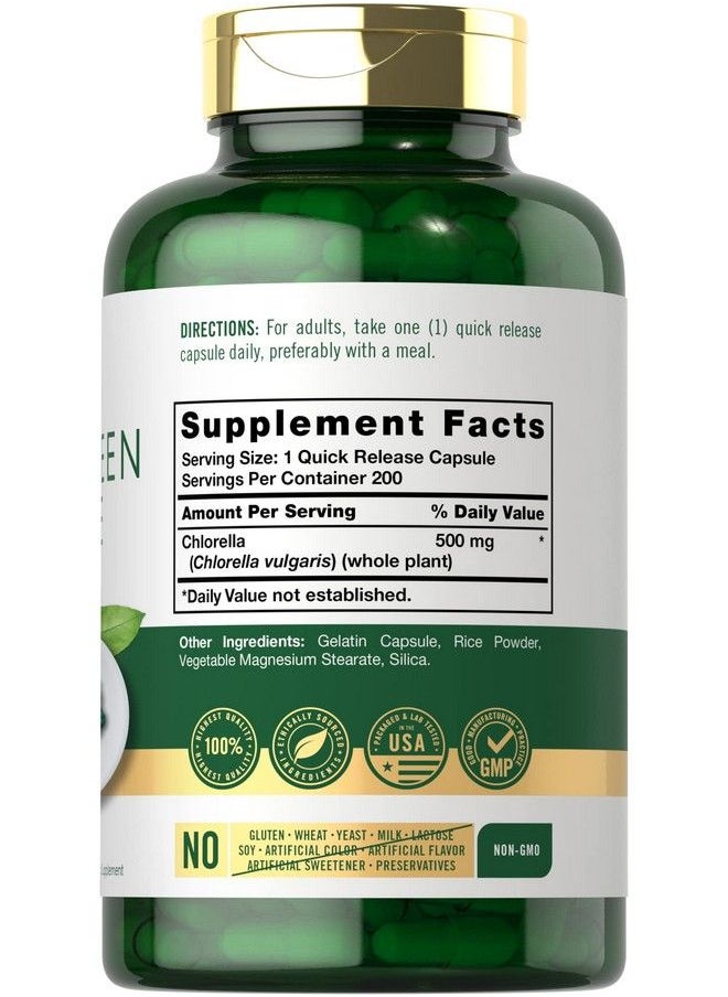 CARLYLE - Blue Green Algae 500Mg  200 Quick Release Capsules  Chlorella Supplement  Nongmo Gluten Free - Image 1