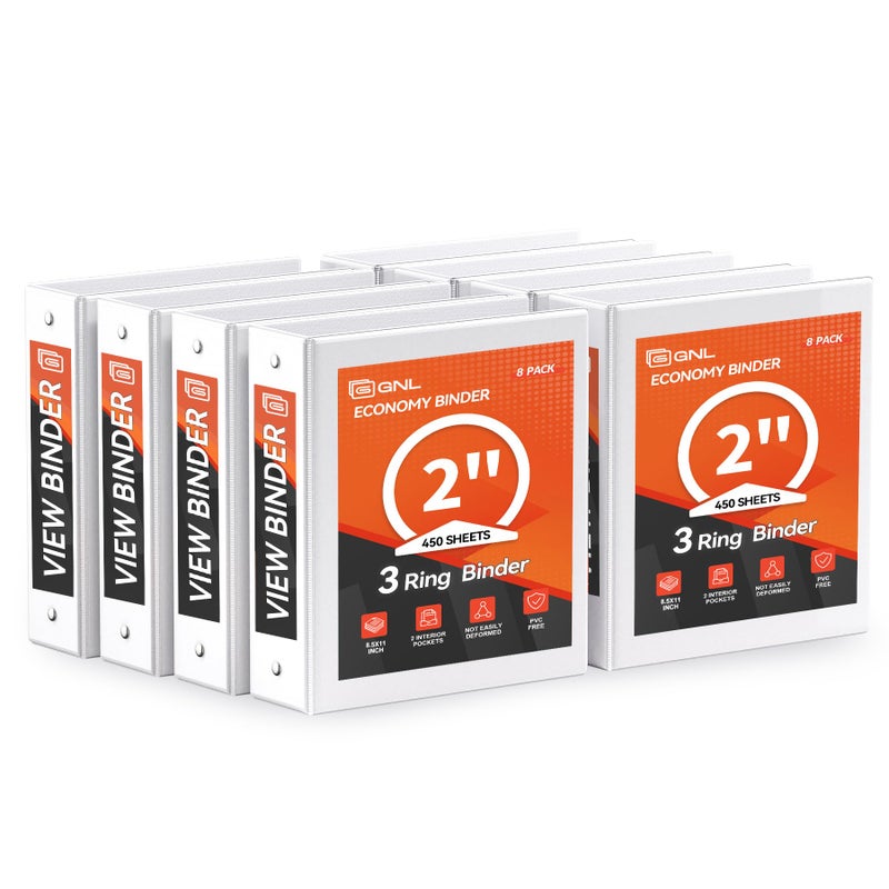 GNL 2 Inch 3 Ring Binders Economy 8 Packs, 2" Three Ring Clear View Binder (Fit 8.5"x11" Paper) PVC-Free & Non-Stick for School or Office Supplies, White - Image 1