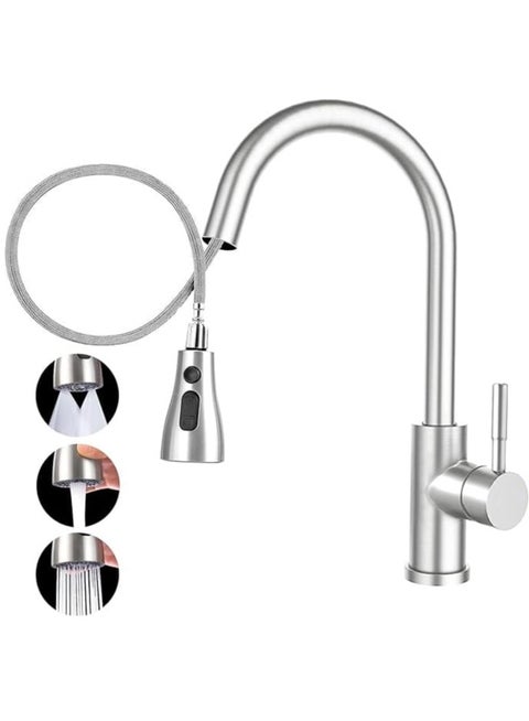 Stainless Steel Kitchen Faucet Mixer with Pull Down Brushed Kitchen Tap 3 Water Modes Single Handle High Arc Sink Mixer 360° Swivel Modern Deck Mount for Hot,Cold Water