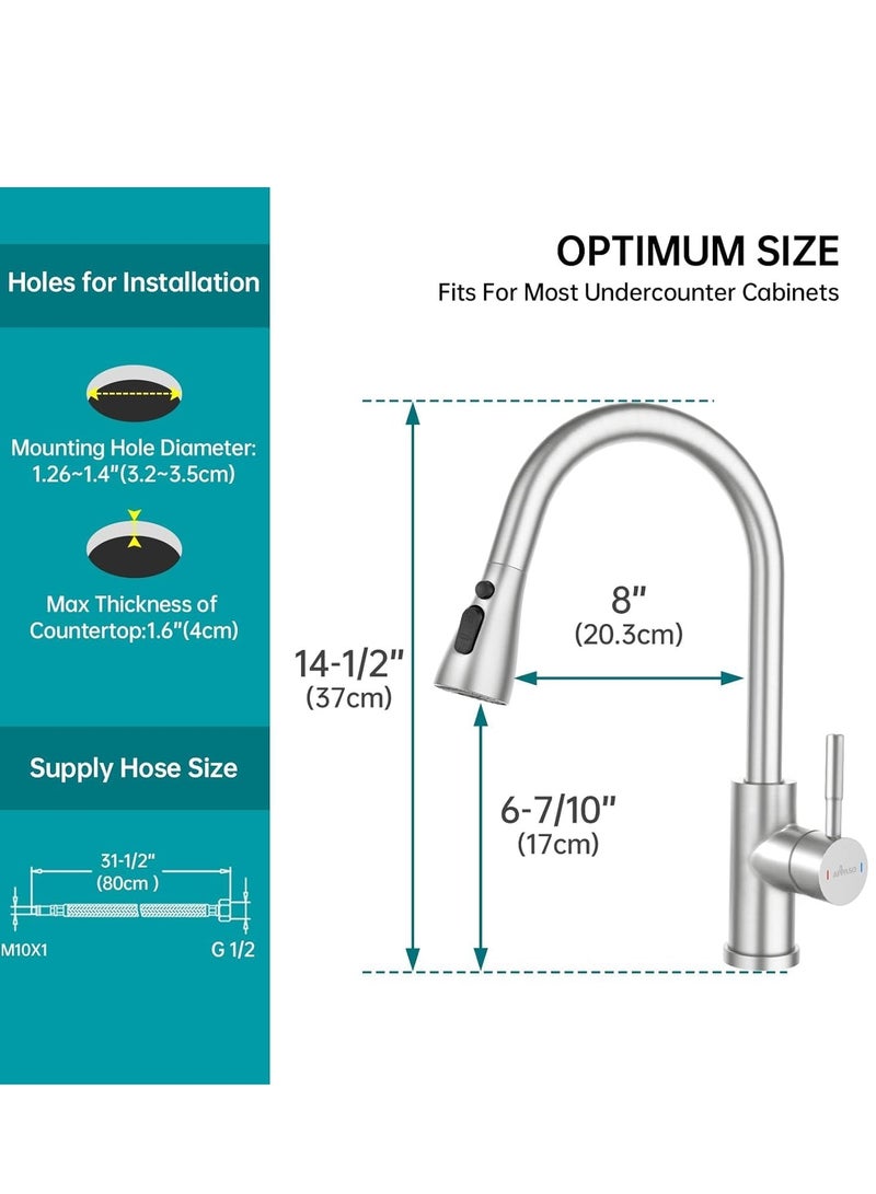 سوق التفاح الذهبي خلاط حوض المطبخ من الفولاذ المقاوم للصدأ مع صنبور مطبخ بفرشاة وسحب لأسفل 3 أوضاع للماء مقبض واحد قوس عالٍ خلاط حوض 360° دوار تثبيت حديث للوحة للماء الساخن والبارد - Image 4