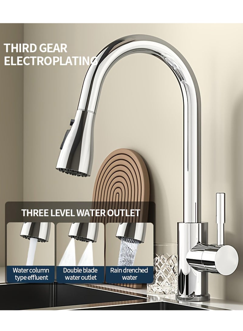 سوق التفاح الذهبي خلاط حوض المطبخ من الفولاذ المقاوم للصدأ مع صنبور مطبخ بفرشاة وسحب لأسفل 3 أوضاع للماء مقبض واحد قوس عالٍ خلاط حوض 360° دوار تثبيت حديث للوحة للماء الساخن والبارد - Image 3