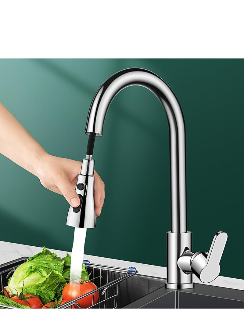 سوق التفاح الذهبي خلاط حوض المطبخ من الفولاذ المقاوم للصدأ مع صنبور مطبخ بفرشاة وسحب لأسفل 3 أوضاع للماء مقبض واحد قوس عالٍ خلاط حوض 360° دوار تثبيت حديث للوحة للماء الساخن والبارد - Image 2