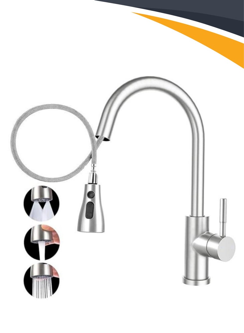 سوق التفاح الذهبي خلاط حوض المطبخ من الفولاذ المقاوم للصدأ مع صنبور مطبخ بفرشاة وسحب لأسفل 3 أوضاع للماء مقبض واحد قوس عالٍ خلاط حوض 360° دوار تثبيت حديث للوحة للماء الساخن والبارد - Image 1