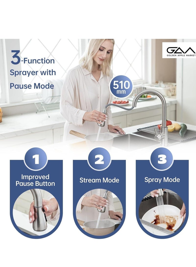 Golden Apple Market Stainless Steel Kitchen Faucet Mixer with Pull Down Brushed Kitchen Tap 3 Water Modes Single Handle High Arc Sink Mixer 360° Swivel Modern Deck Mount for Hot,Cold Water - Image 3