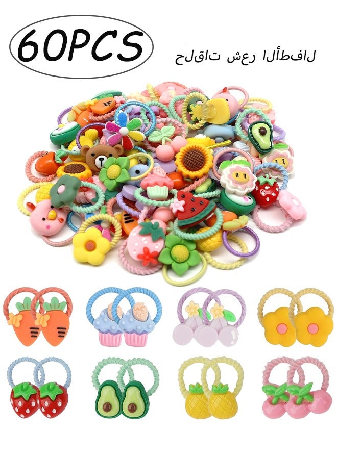 60 Packs Children's Hair Bands Small Elastic Hair Ropes Cartoon Fruit and Flower Shapes Baby Girl Hair Accessories Soft and Metal Free No Damage to Hair,Suitable for Daily Matching Random Colors - Image 1