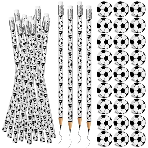 Moncinday 60PCs Soccer Pencils and Erasers for Kids - Wooden Pencils for Themed Birthday Party Favors, Students Stationery, Party Reward, School Office Supplies - Image 1