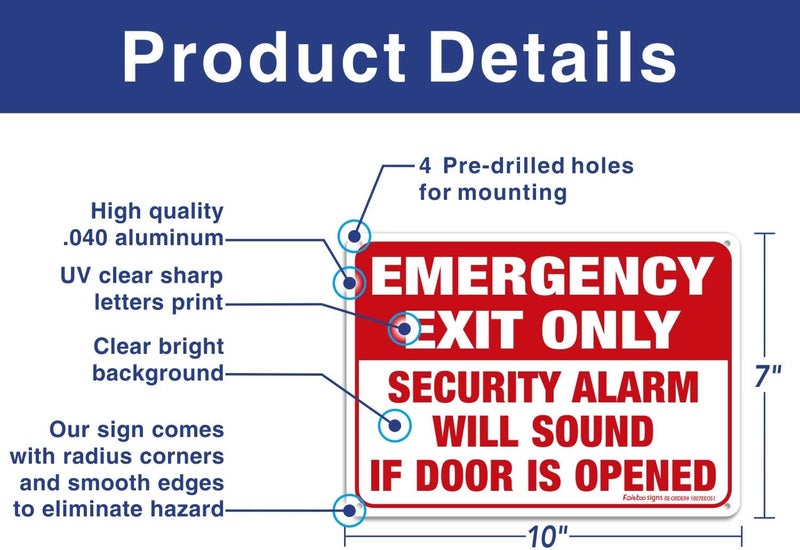 Faittoo Emergency Exit Only - Security Alarm Will Sound If Door Is Opened Sign, 4 Pack, 10 x 7 inch .40 Rust Free Aluminum, UV Protected, Weather Resistant, Waterproof, Durable Ink, Easy to install - Image 2