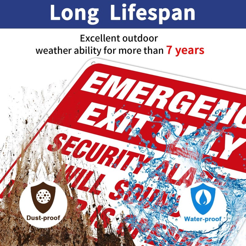 Faittoo Emergency Exit Only - Security Alarm Will Sound If Door Is Opened Sign, 4 Pack, 10 x 7 inch .40 Rust Free Aluminum, UV Protected, Weather Resistant, Waterproof, Durable Ink, Easy to install - Image 4