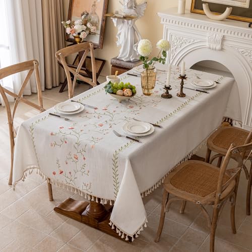 Joyfol Day Linen Spring Flowers Tablecloth with Tassels, Rustic Farmhouse Embroidery Waterproof Table Cloths for Rectangle Tables, Heavy Weight Spill-Proof Table Covers, Pink Florals, 55''x 70'' - Image 1