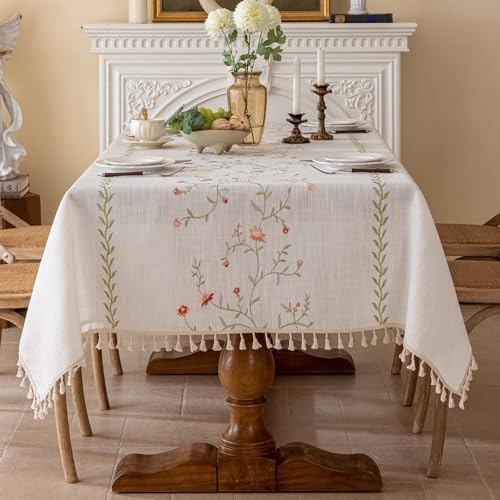 Joyfol Day Linen Spring Flowers Tablecloth with Tassels, Rustic Farmhouse Embroidery Waterproof Table Cloths for Rectangle Tables, Heavy Weight Spill-Proof Table Covers, Pink Florals, 55''x 70'' - Image 2