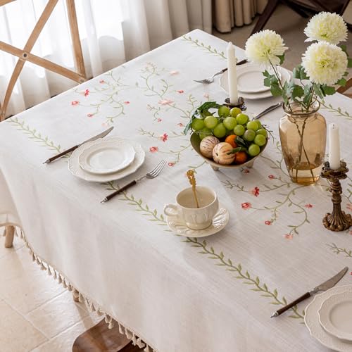 Joyfol Day Linen Spring Flowers Tablecloth with Tassels, Rustic Farmhouse Embroidery Waterproof Table Cloths for Rectangle Tables, Heavy Weight Spill-Proof Table Covers, Pink Florals, 55''x 70'' - Image 3
