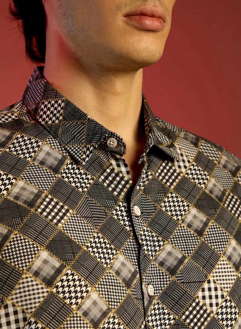 Campus Sutra Men's Black:White Herringbone Plaid Block Shirt