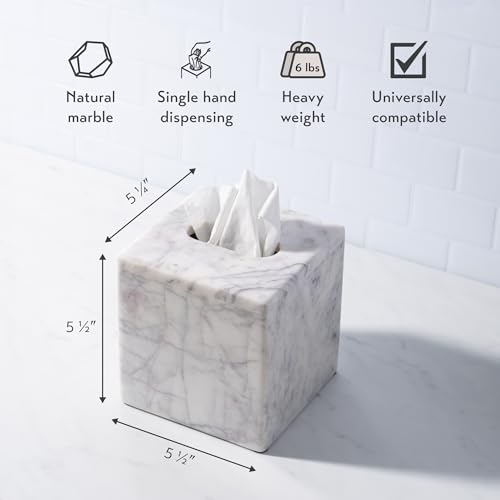 Cork & Mill Marble Tissue Box Cover for Kleenex and More, Decorative Cube Style Holder, Large Square Facial Tissue Dispenser Container for Home, Real Solid White Marble Bathroom Accessory - Image 2