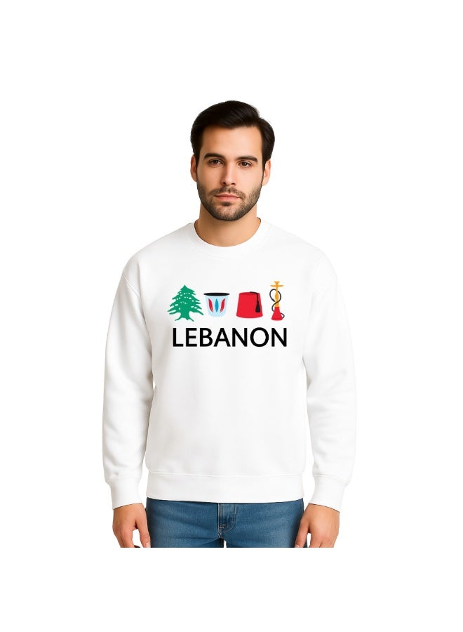 PRINTSHOP4ME Lebanon Men’s Sweatshirt–Cultural Icons Print With Cedar Tree,Coffee Cup,Tarboosh&Hookah–Cotton Long Sleeve–Comfortable Casual Wear For Travel&Outdoor  - Image 1