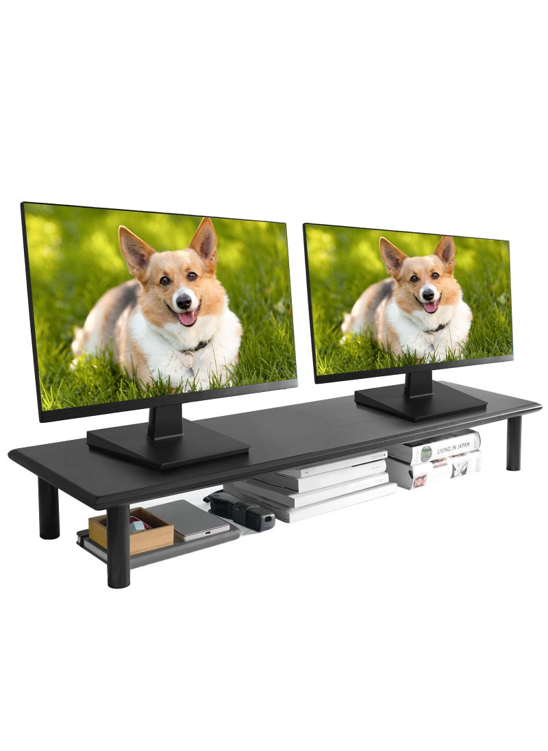 ROCDEER ROCDEER Bamboo Dual Monitor Stand Riser Supports 2 Monitors Printer Heavy TV up to 300 lbs and 75 Inches 