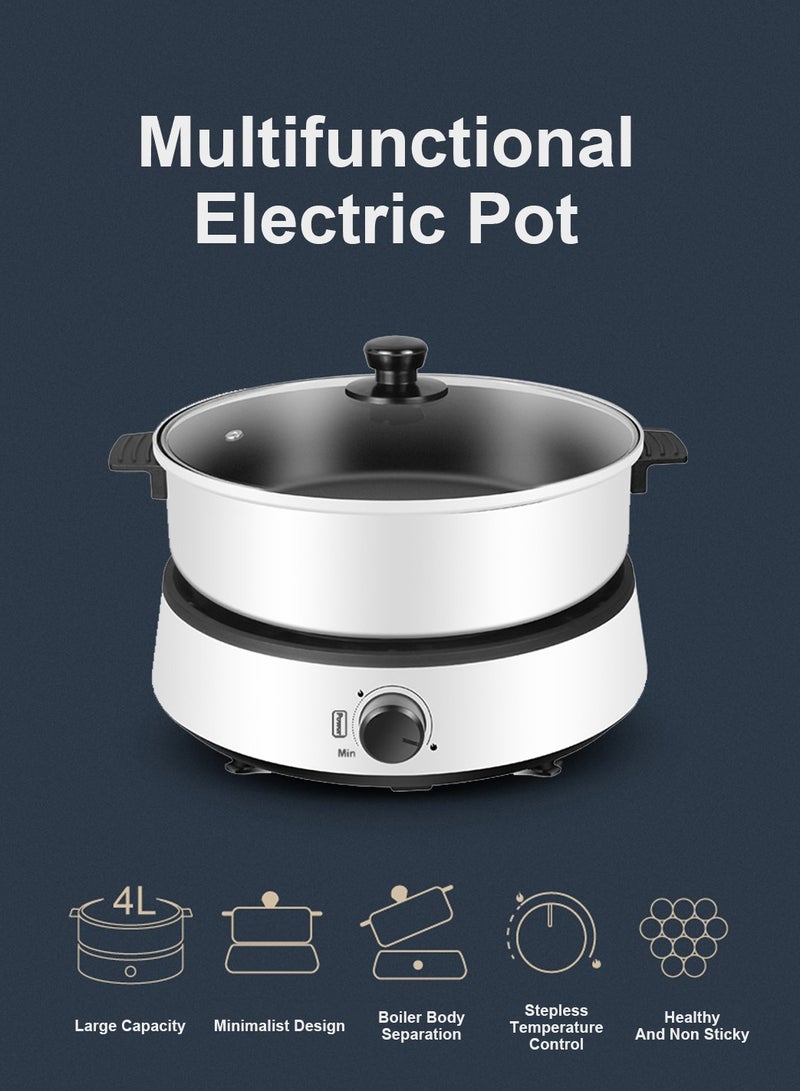 ET-LIFE Multi-Functional Electric Hot Pot for Fry/Boil/Suffocate, 1350W Shabu Hot Pot Non-Stick Electric Cooker, 4 Liters with Tempered Glass Lid TKM-001 White - Image 2