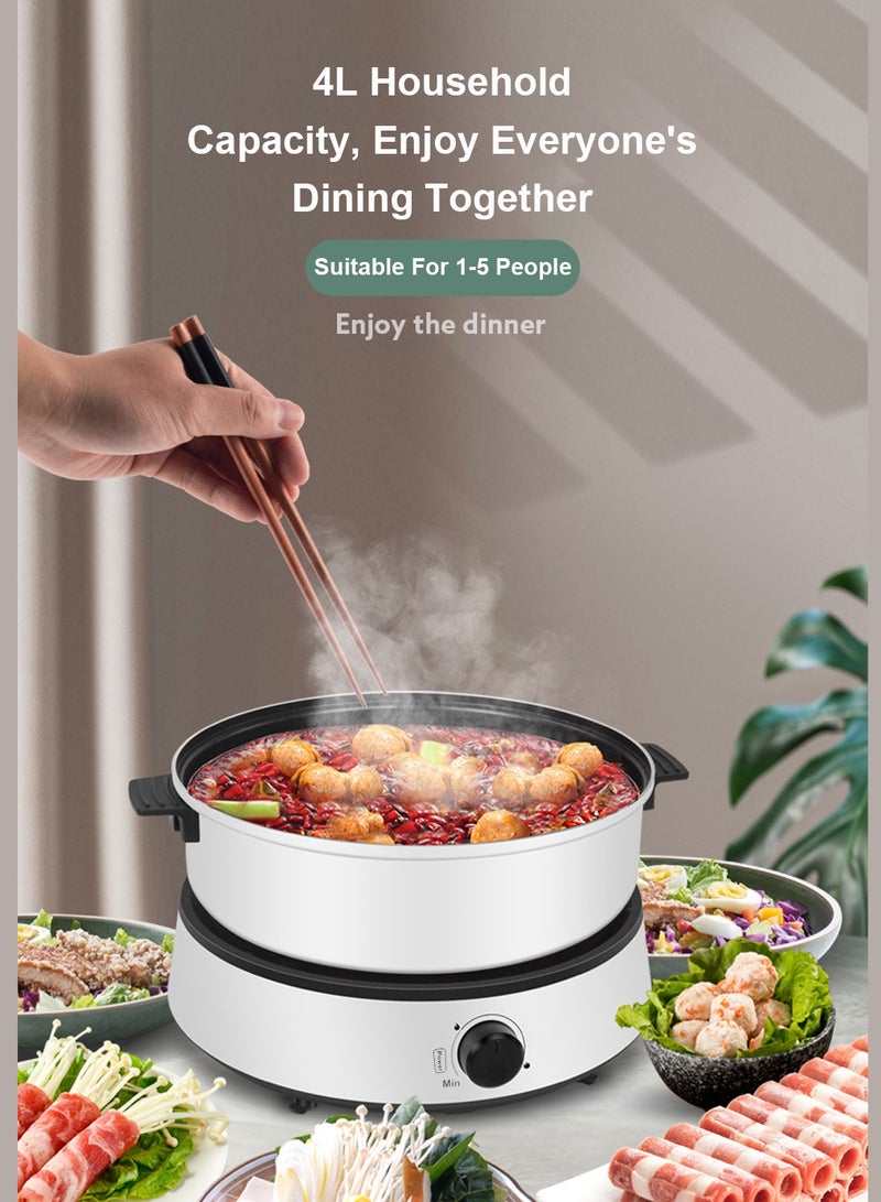 ET-LIFE Multi-Functional Electric Hot Pot for Fry/Boil/Suffocate, 1350W Shabu Hot Pot Non-Stick Electric Cooker, 4 Liters with Tempered Glass Lid TKM-001 White - Image 4