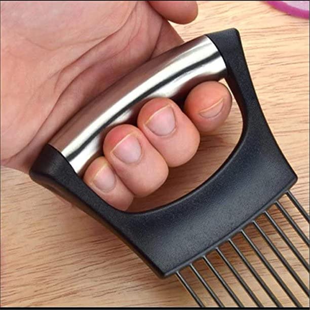 we3 Stainless Steel Onion Holder Slicer | Tomato Lemon Potato Cutting Guide | ABS Handle | Odour Free Hand Guard | Black - Image 3