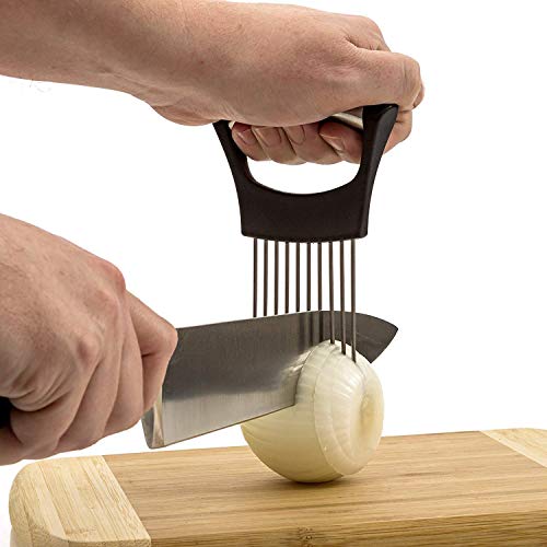 we3 Stainless Steel Onion Holder Slicer | Tomato Lemon Potato Cutting Guide | ABS Handle | Odour Free Hand Guard | Black - Image 1