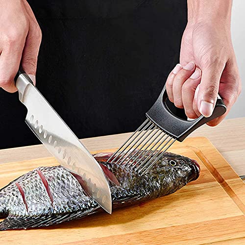 we3 Stainless Steel Onion Holder Slicer | Tomato Lemon Potato Cutting Guide | ABS Handle | Odour Free Hand Guard | Black - Image 5