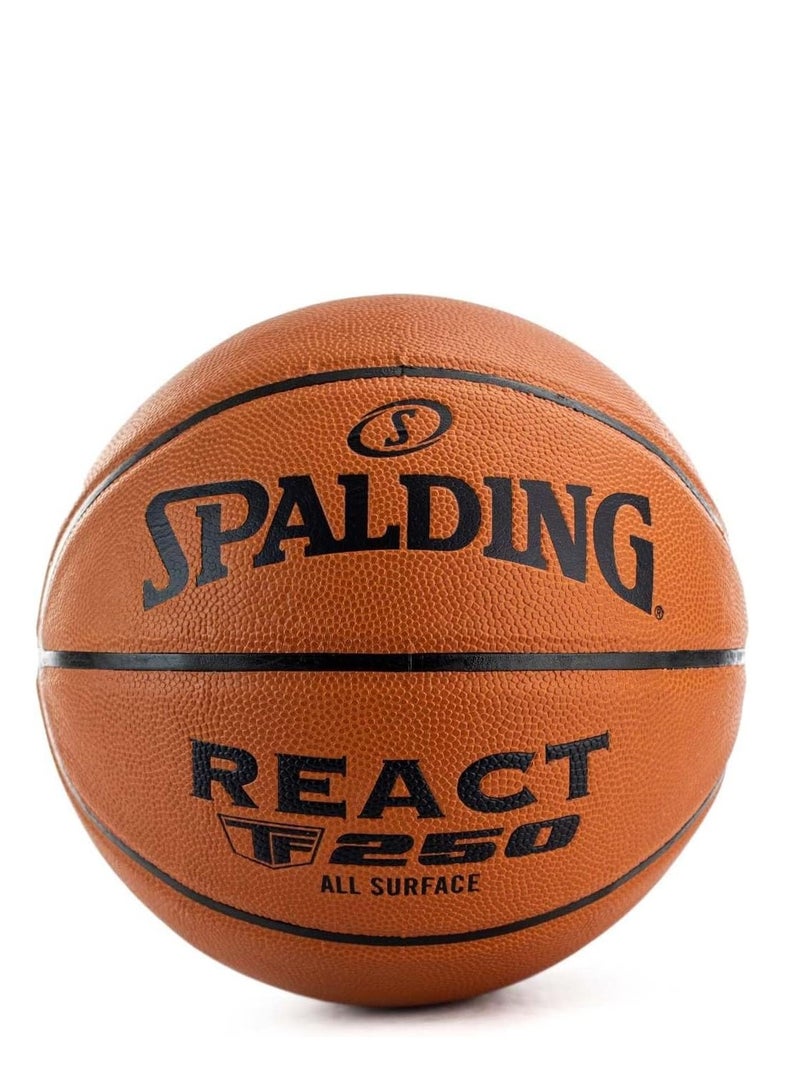 كرة سلة Spalding TF 250 - React TF 20، مقاس 7 (29.5 بوصة)، مناسبة لجميع الأسطح، قبضة وتحكم فائقين، الخامة: جلد صناعي، هيكل مطاطي متين، غطاء قطني، مثالية لجميع الأعمار