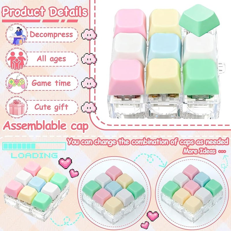 ILHSTY Keyboard Fidget Toy Clicker Fidget Keychain, 9-in-1 Stress Relief Desk Toys Decompression on Keyboard with Removable Keycaps, Anxiety Relief Valentine's Day Gifts (5 Color-Yellow Pink Green) - Image 2
