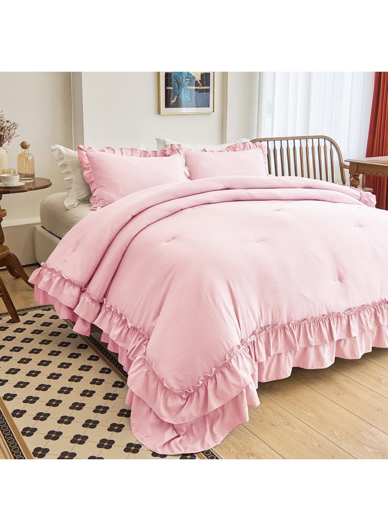 AIKASY AIKASY Peach Pink Ruffle Comforter Twin  3 Pieces Vintage Ruffle Fringe Comforter  Farmhouse Rustic Microfiber Down Alternative Bedding Comforter Set (1 Comforter + 2 Pillow Shams)  - Image 1