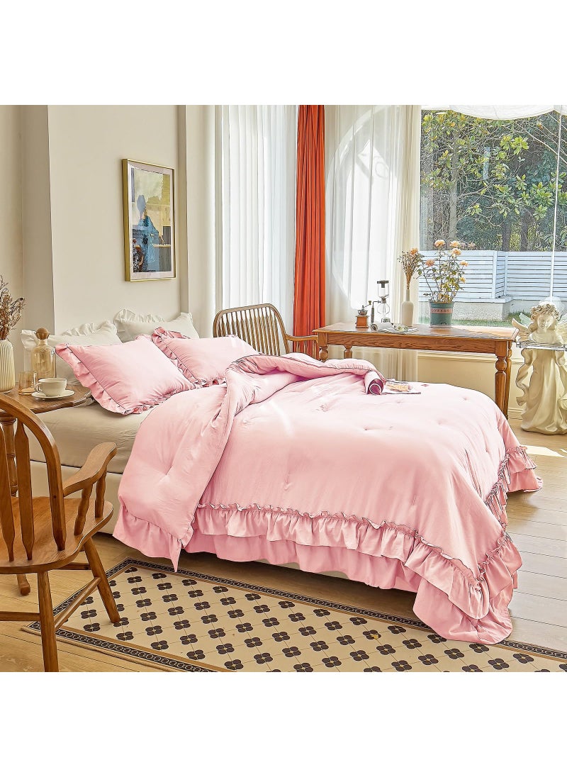 AIKASY AIKASY Peach Pink Ruffle Comforter Twin  3 Pieces Vintage Ruffle Fringe Comforter  Farmhouse Rustic Microfiber Down Alternative Bedding Comforter Set (1 Comforter + 2 Pillow Shams)  - Image 4