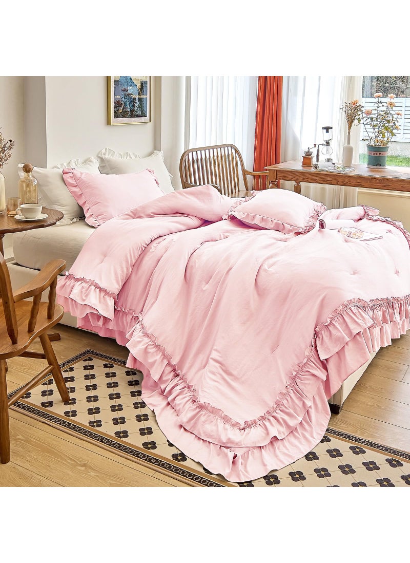 AIKASY AIKASY Peach Pink Ruffle Comforter Twin  3 Pieces Vintage Ruffle Fringe Comforter  Farmhouse Rustic Microfiber Down Alternative Bedding Comforter Set (1 Comforter + 2 Pillow Shams)  - Image 5