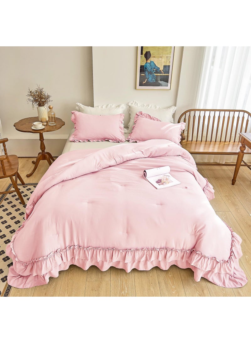 AIKASY AIKASY Peach Pink Ruffle Comforter Twin  3 Pieces Vintage Ruffle Fringe Comforter  Farmhouse Rustic Microfiber Down Alternative Bedding Comforter Set (1 Comforter + 2 Pillow Shams)  - Image 2
