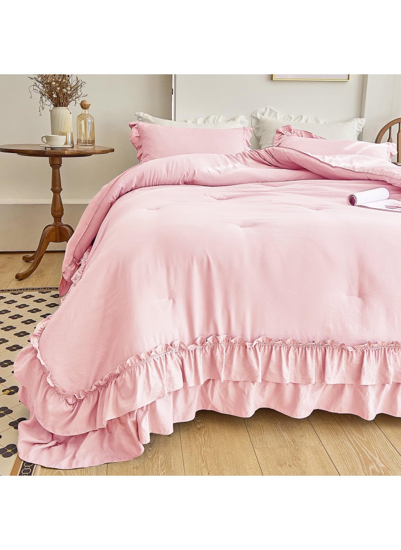 AIKASY AIKASY Peach Pink Ruffle Comforter Twin  3 Pieces Vintage Ruffle Fringe Comforter  Farmhouse Rustic Microfiber Down Alternative Bedding Comforter Set (1 Comforter + 2 Pillow Shams)  - Image 3