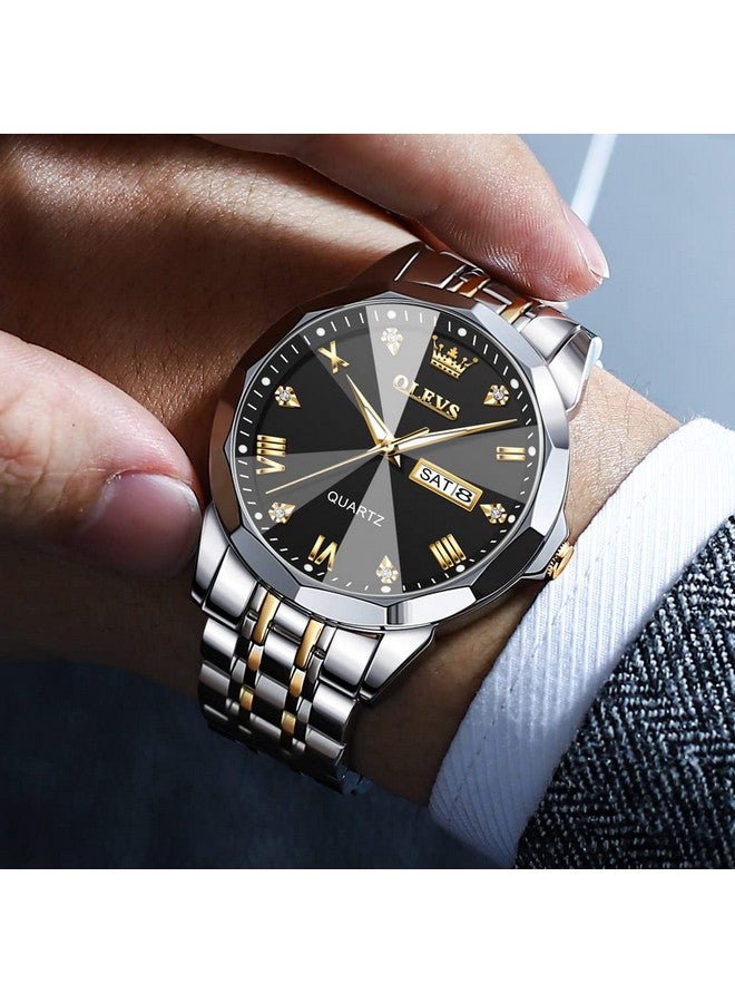 OLEVS Watch for Men Analog Quartz Dress Diamond Business Watches Two Tone Stainless Steel Waterproof Luminous Date Luxury Wrist Watch Gold Black - Image 3