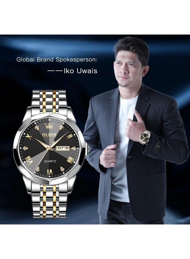 OLEVS Watch for Men Analog Quartz Dress Diamond Business Watches Two Tone Stainless Steel Waterproof Luminous Date Luxury Wrist Watch Gold Black - Image 2